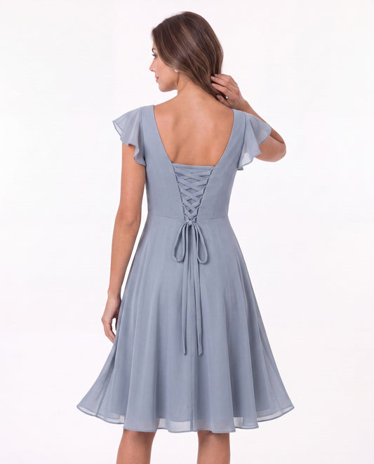 V Neck Flutter Sleeve Chiffon Short Bridesmaid Dress - Back View