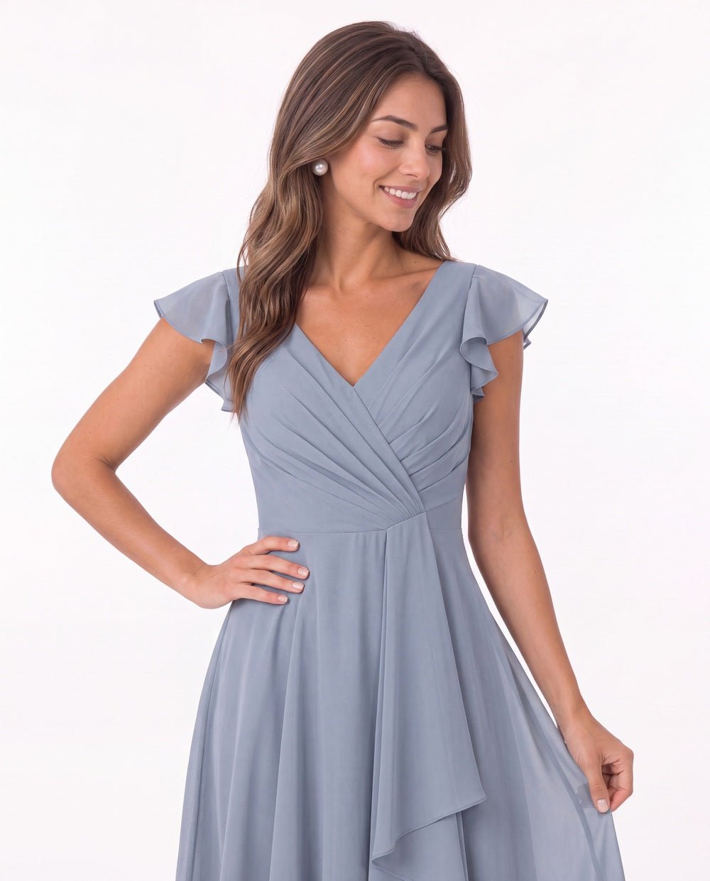 V Neck Flutter Sleeve Chiffon Short Bridesmaid Dress - Detail View 1