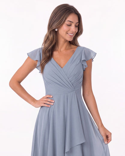 V Neck Flutter Sleeve Chiffon Short Bridesmaid Dress - Detail View 1