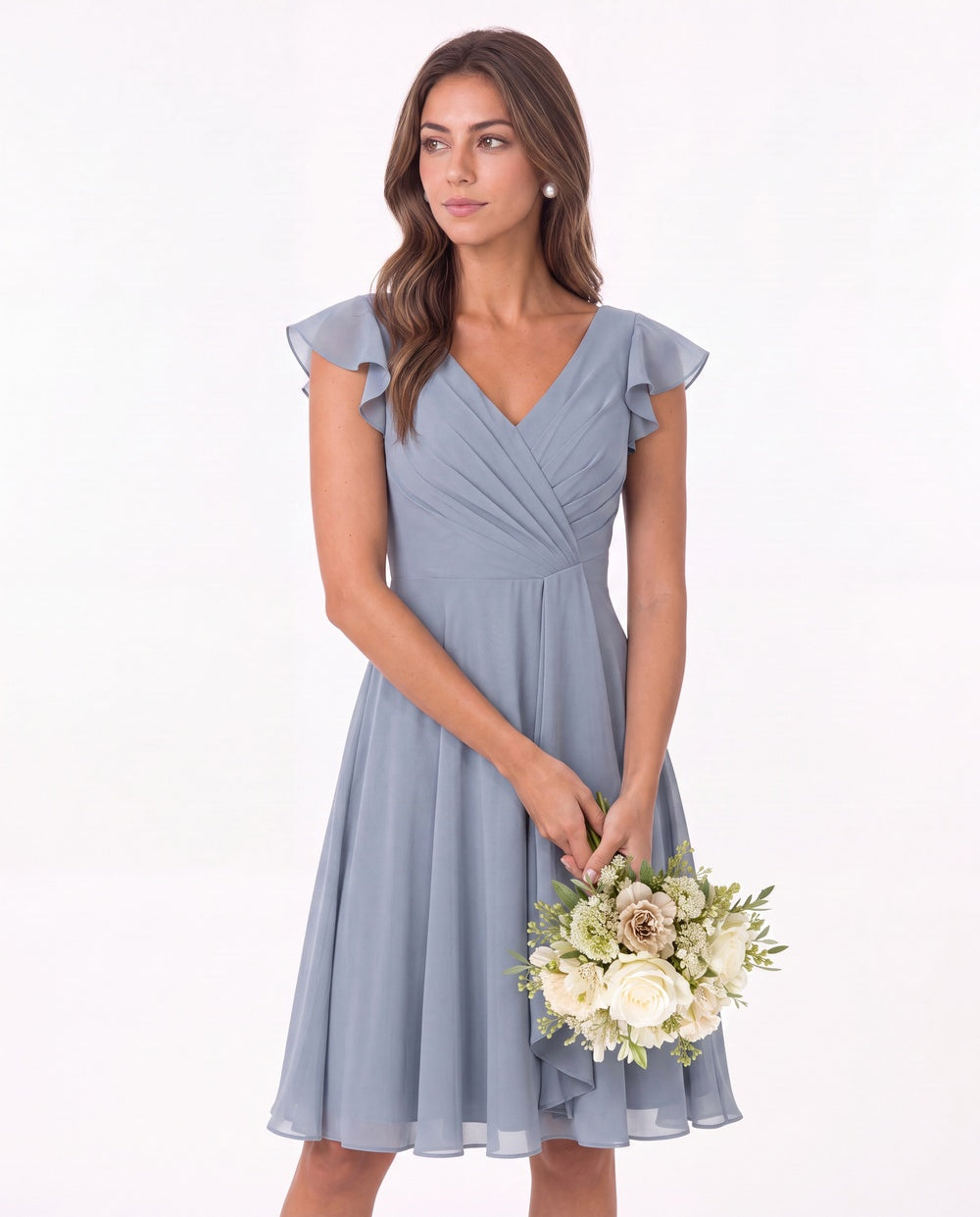 V Neck Flutter Sleeve Chiffon Short Bridesmaid Dress - Detail View 2