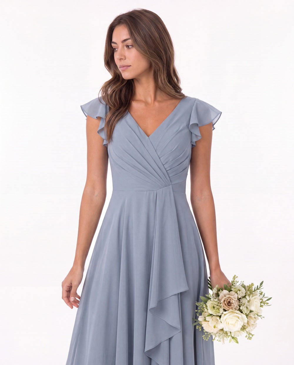V Neck Flutter Sleeve Chiffon Short Bridesmaid Dress - Detail View 3
