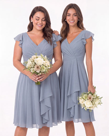 V Neck Flutter Sleeve Chiffon Short Bridesmaid Dress - Detail View 4