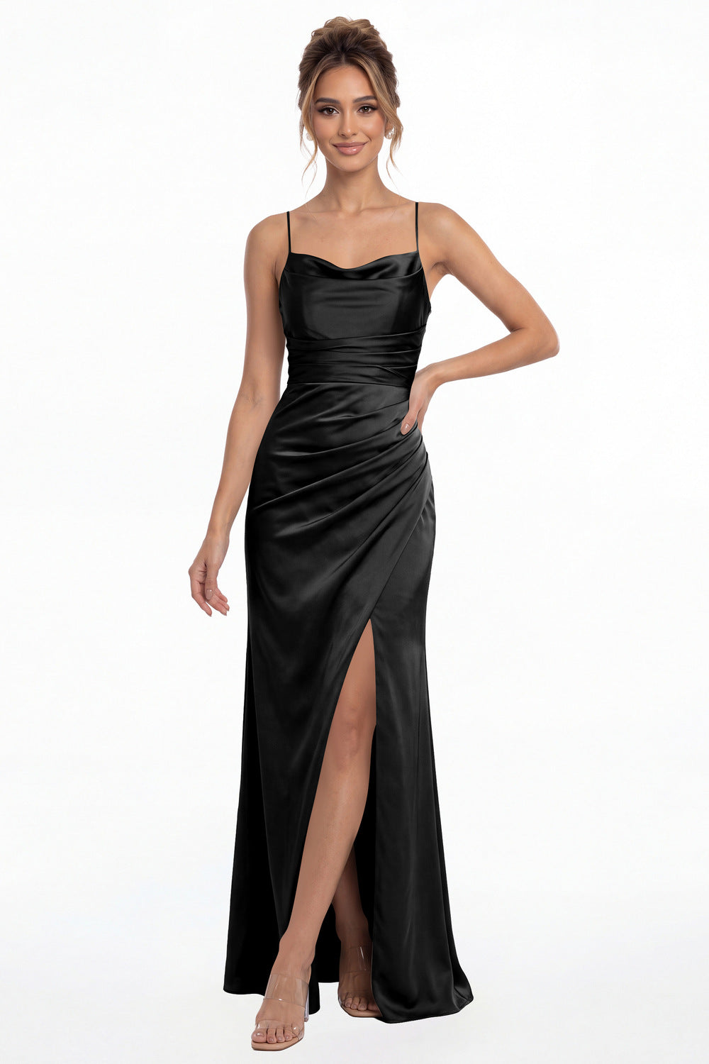 Black Spaghetti Strap Cowl Neck Satin Slit Maxi Gown - Front View