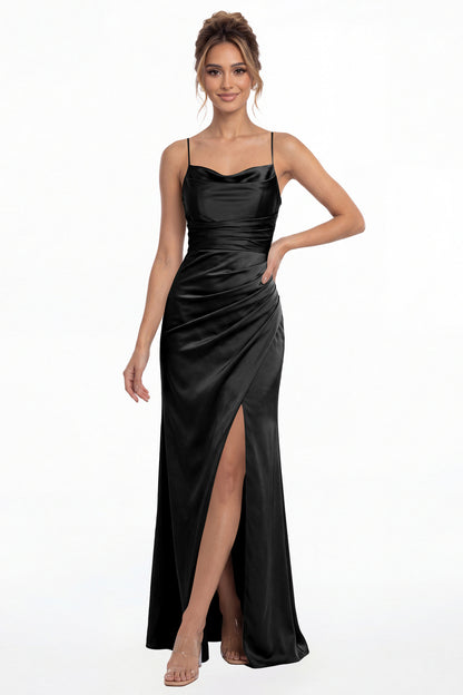 Black Spaghetti Strap Cowl Neck Satin Slit Maxi Gown - Front View