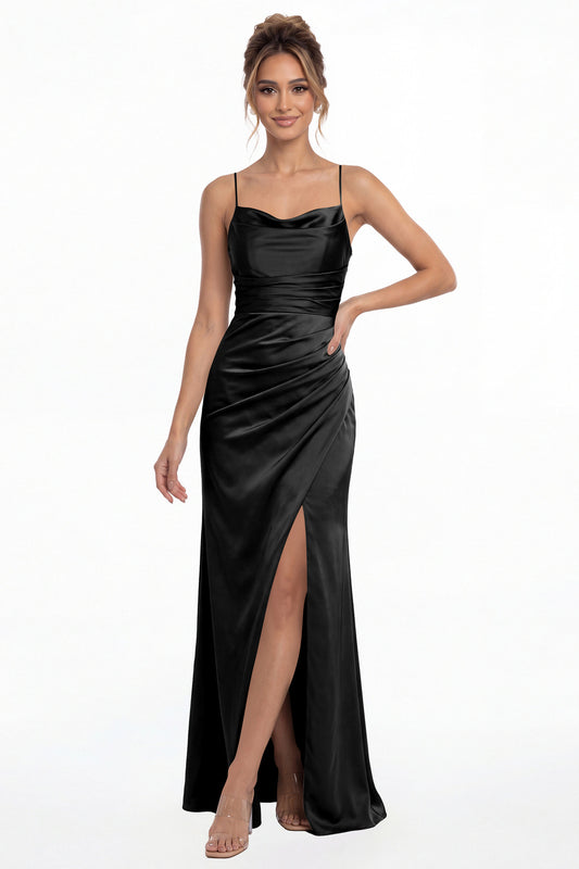 Black Spaghetti Strap Cowl Neck Satin Slit Maxi Gown - Front View