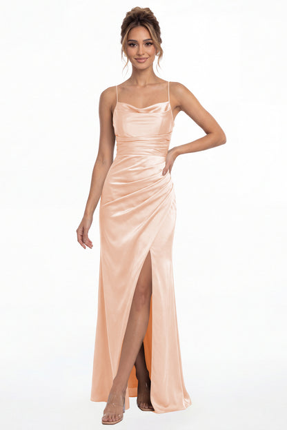 Blush Pink Spaghetti Strap Cowl Neck Satin Slit Maxi Gown - Front View