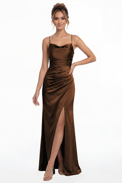 Brown Spaghetti Strap Cowl Neck Satin Slit Maxi Gown - Front View