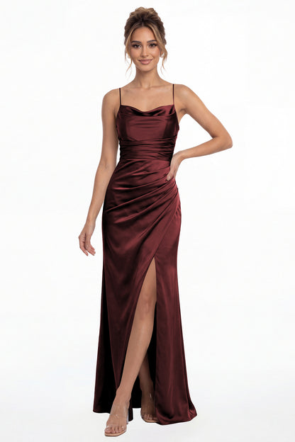 Burgundy Spaghetti Strap Cowl Neck Satin Slit Maxi Gown - Front View