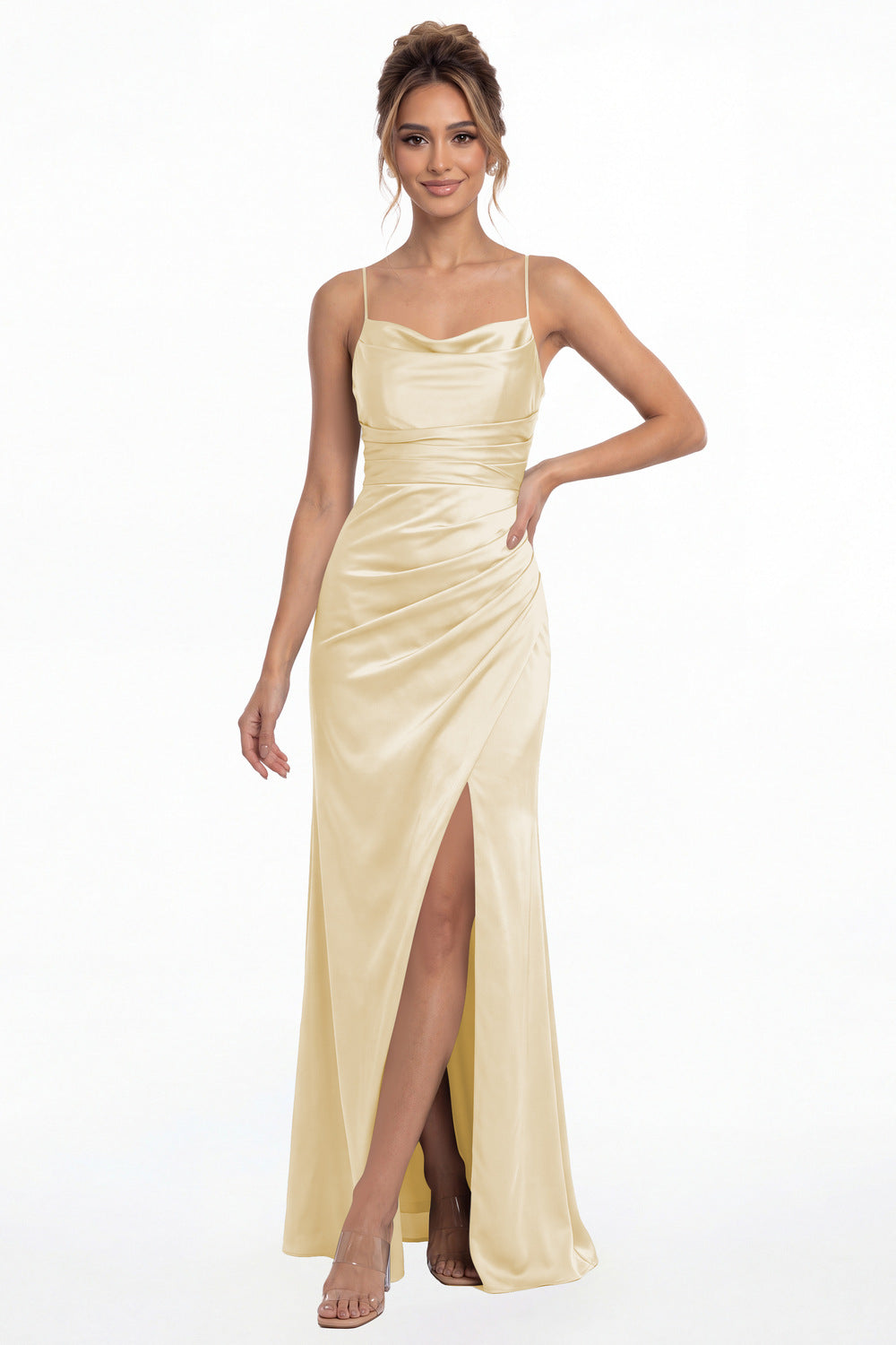 Champagne Spaghetti Strap Cowl Neck Satin Slit Maxi Gown - Front View