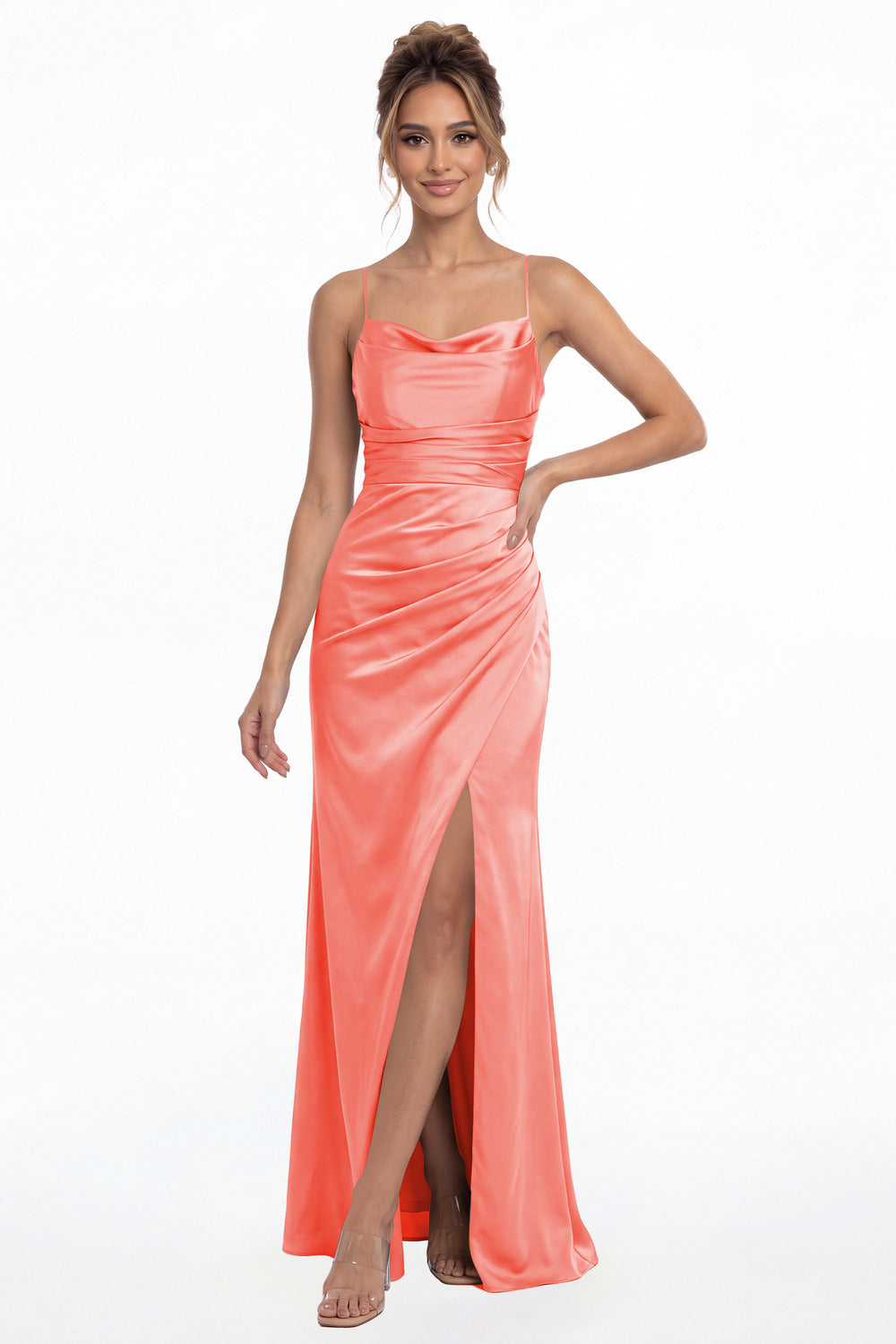 Coral Spaghetti Strap Cowl Neck Satin Slit Maxi Gown - Front View