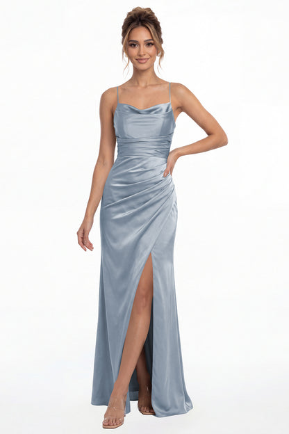 Dusty Blue Spaghetti Strap Cowl Neck Satin Slit Maxi Gown - Front View