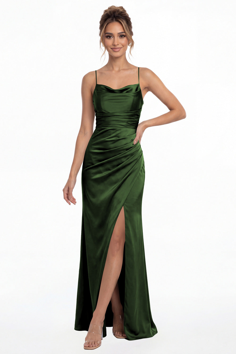 Emerald Green Spaghetti Strap Cowl Neck Satin Slit Maxi Gown - Front View