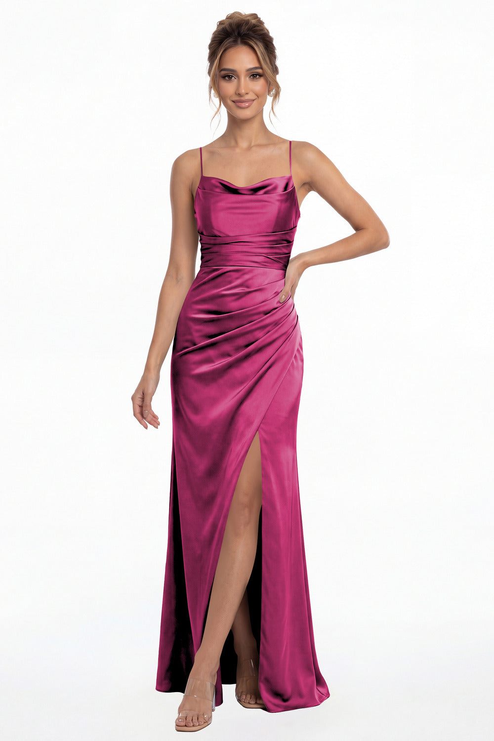Fuchsia Spaghetti Strap Cowl Neck Satin Slit Maxi Gown - Front View