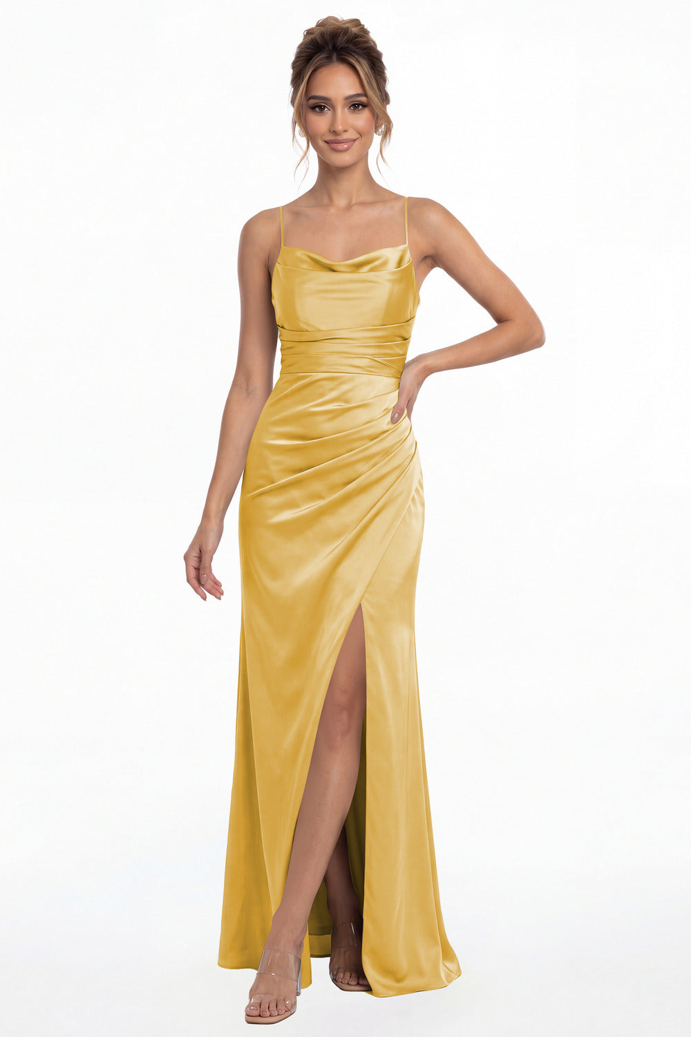 Gold Spaghetti Strap Cowl Neck Satin Slit Maxi Gown - Front View