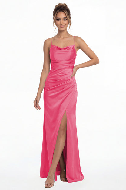 Hot Pink Spaghetti Strap Cowl Neck Satin Slit Maxi Gown - Front View