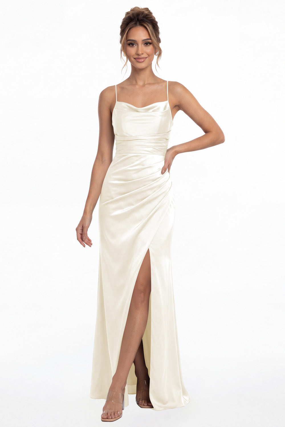 Ivory Spaghetti Strap Cowl Neck Satin Slit Maxi Gown - Front View