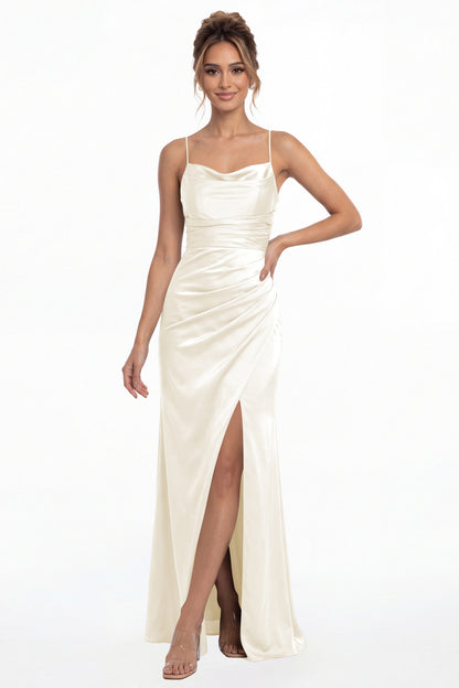 Ivory Spaghetti Strap Cowl Neck Satin Slit Maxi Gown - Front View