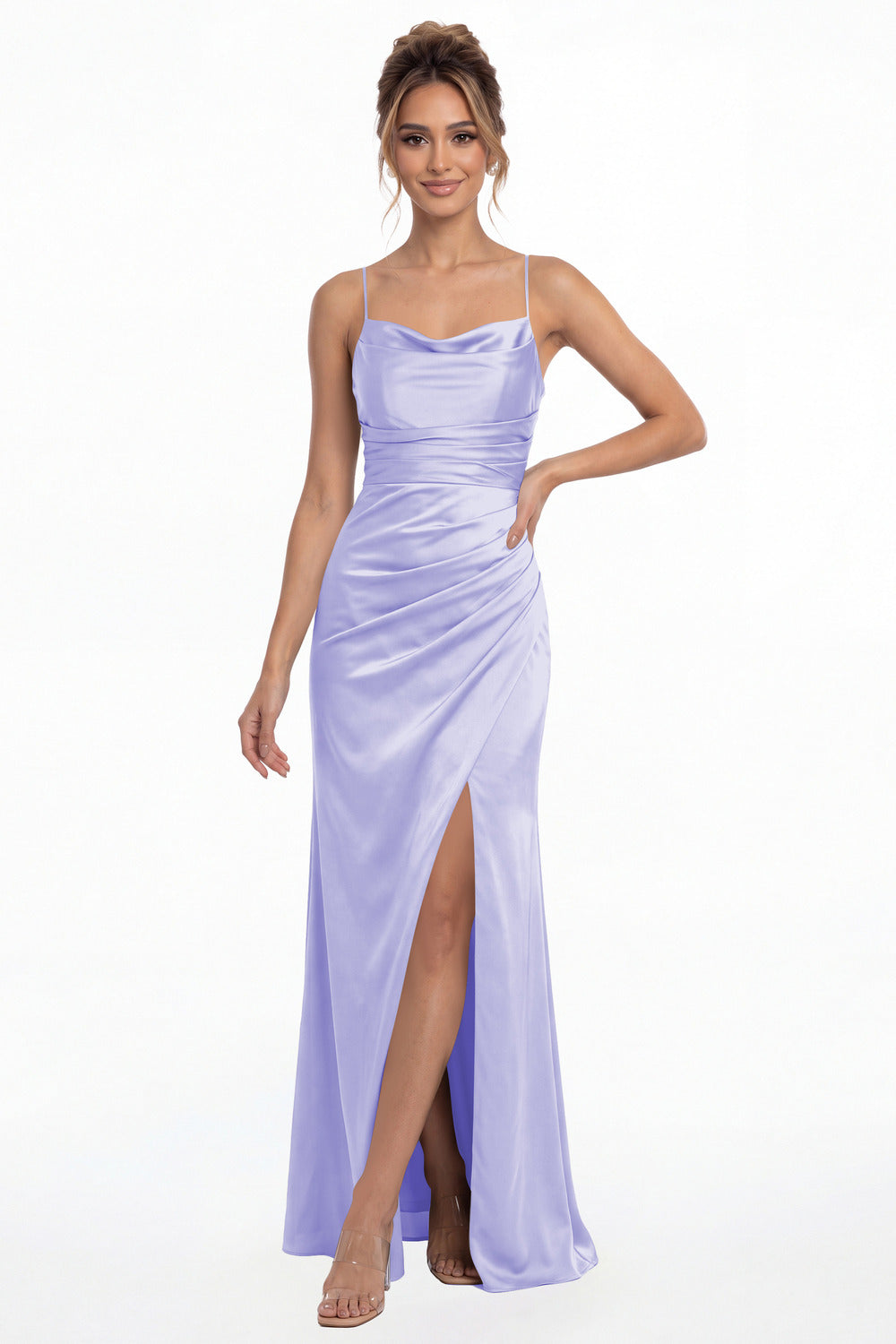 Lavender Spaghetti Strap Cowl Neck Satin Slit Maxi Gown - Front View