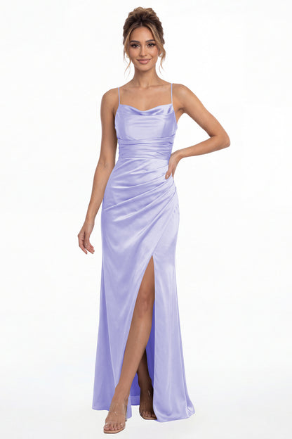 Lavender Spaghetti Strap Cowl Neck Satin Slit Maxi Gown - Front View