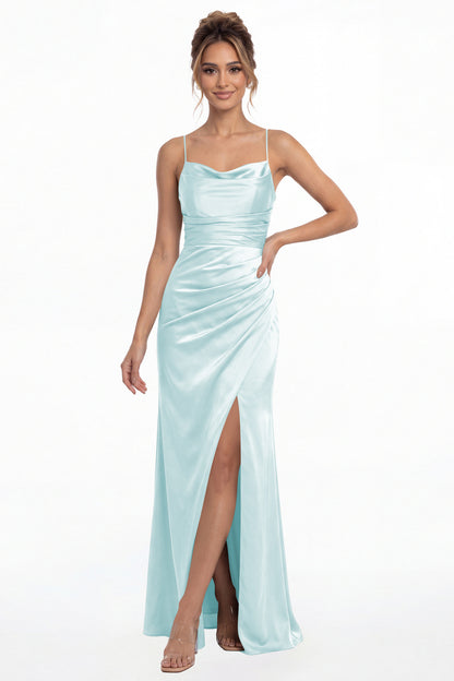 Light Blue Spaghetti Strap Cowl Neck Satin Slit Maxi Gown - Front View