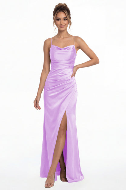Lilac Spaghetti Strap Cowl Neck Satin Slit Maxi Gown - Front View