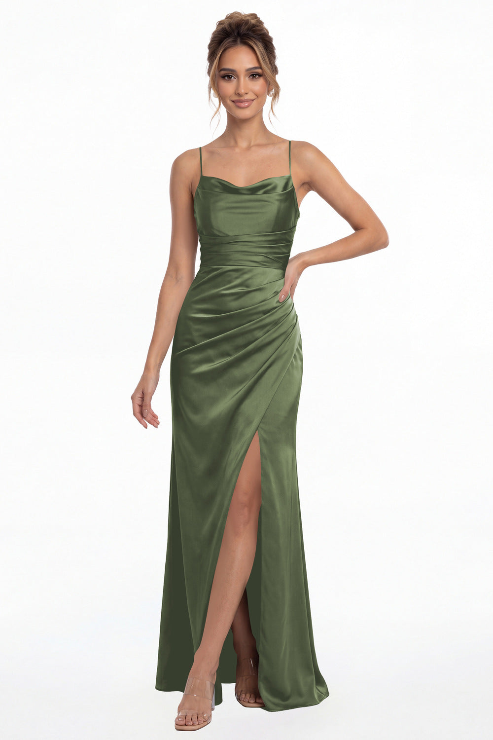 Moss Green Spaghetti Strap Cowl Neck Satin Slit Maxi Gown - Front View