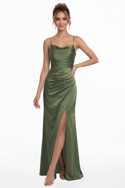 Moss Green Spaghetti Strap Cowl Neck Satin Slit Maxi Gown - Front View
