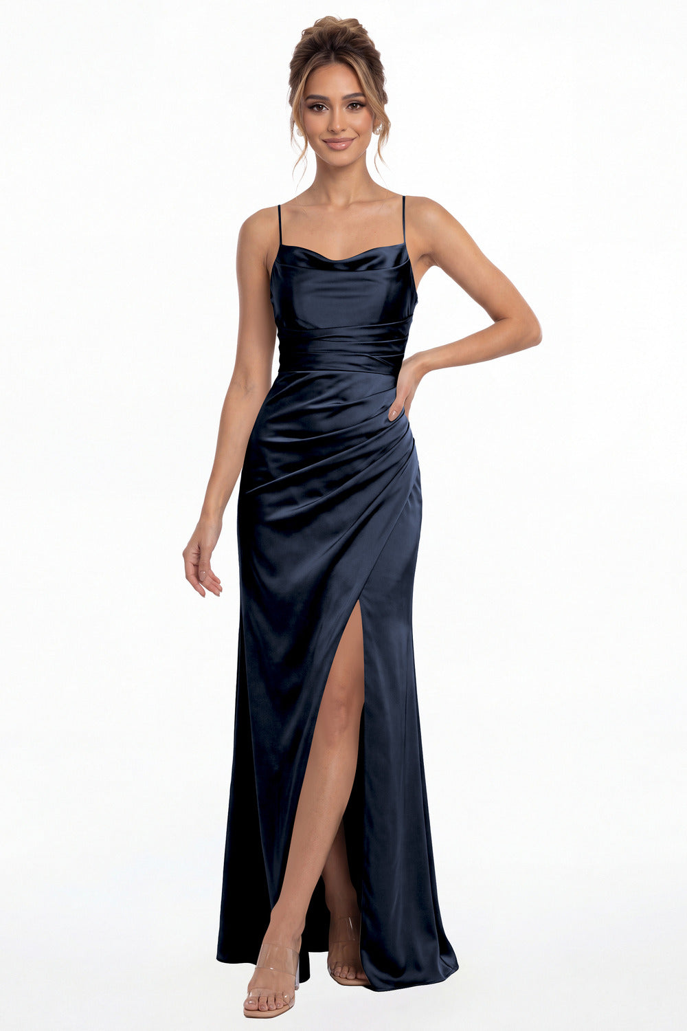 Navy Blue Spaghetti Strap Cowl Neck Satin Slit Maxi Gown - Front View