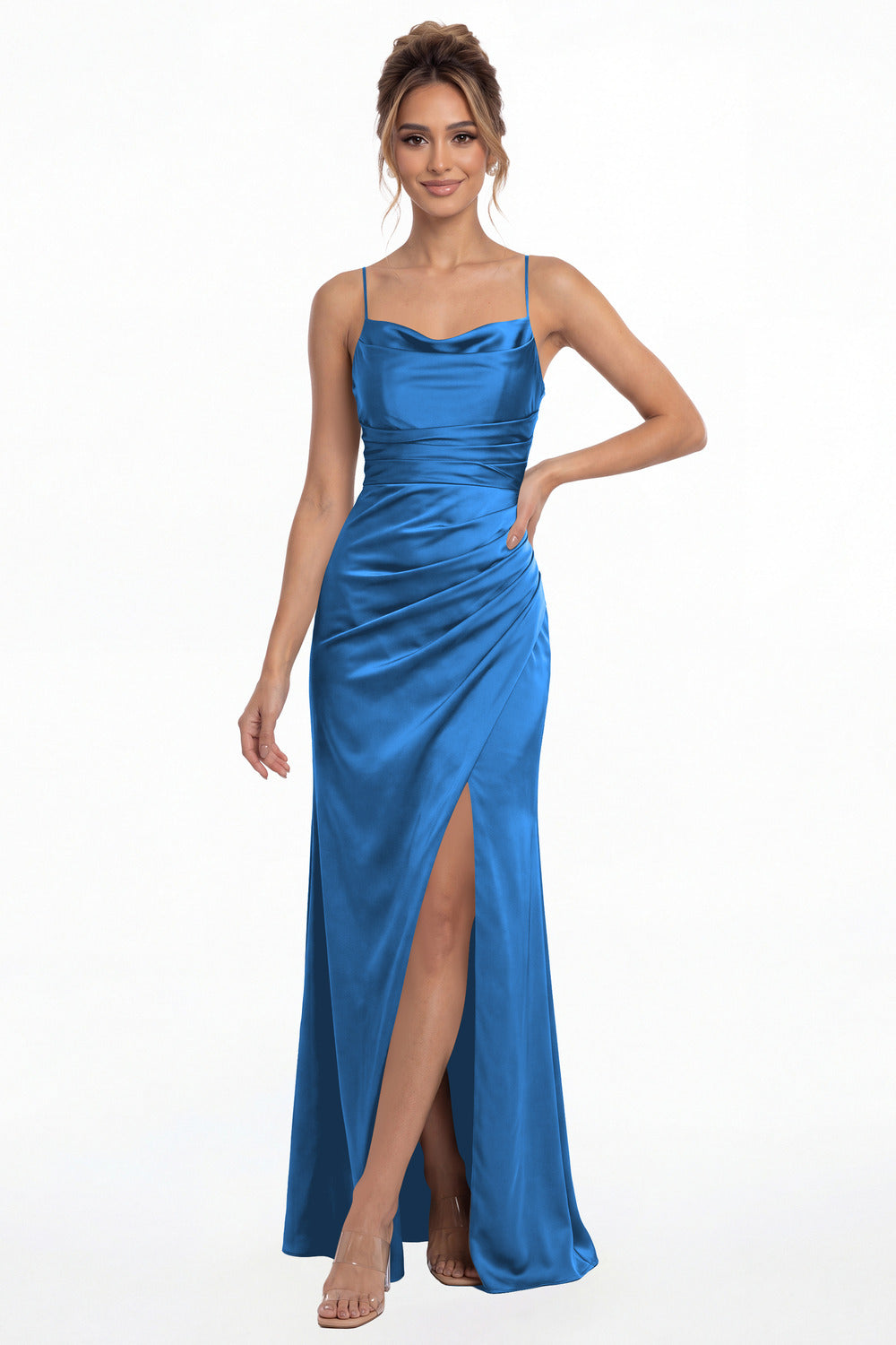 Ocean Blue Spaghetti Strap Cowl Neck Satin Slit Maxi Gown - Front View