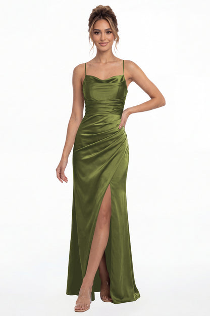 Olive Green Spaghetti Strap Cowl Neck Satin Slit Maxi Gown - Front View