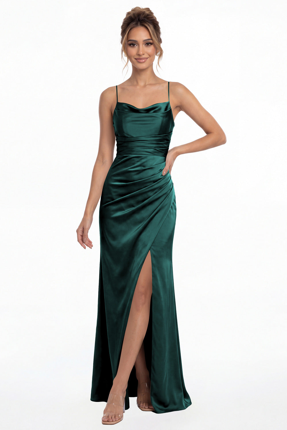 Peacock Spaghetti Strap Cowl Neck Satin Slit Maxi Gown - Front View