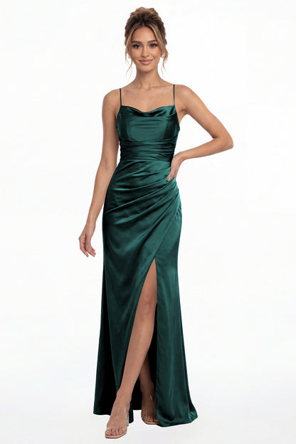 Peacock Spaghetti Strap Cowl Neck Satin Slit Maxi Gown - Front View