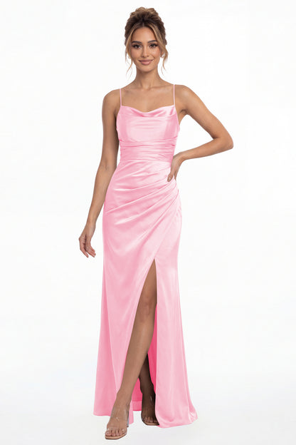 Pink Spaghetti Strap Cowl Neck Satin Slit Maxi Gown - Front View