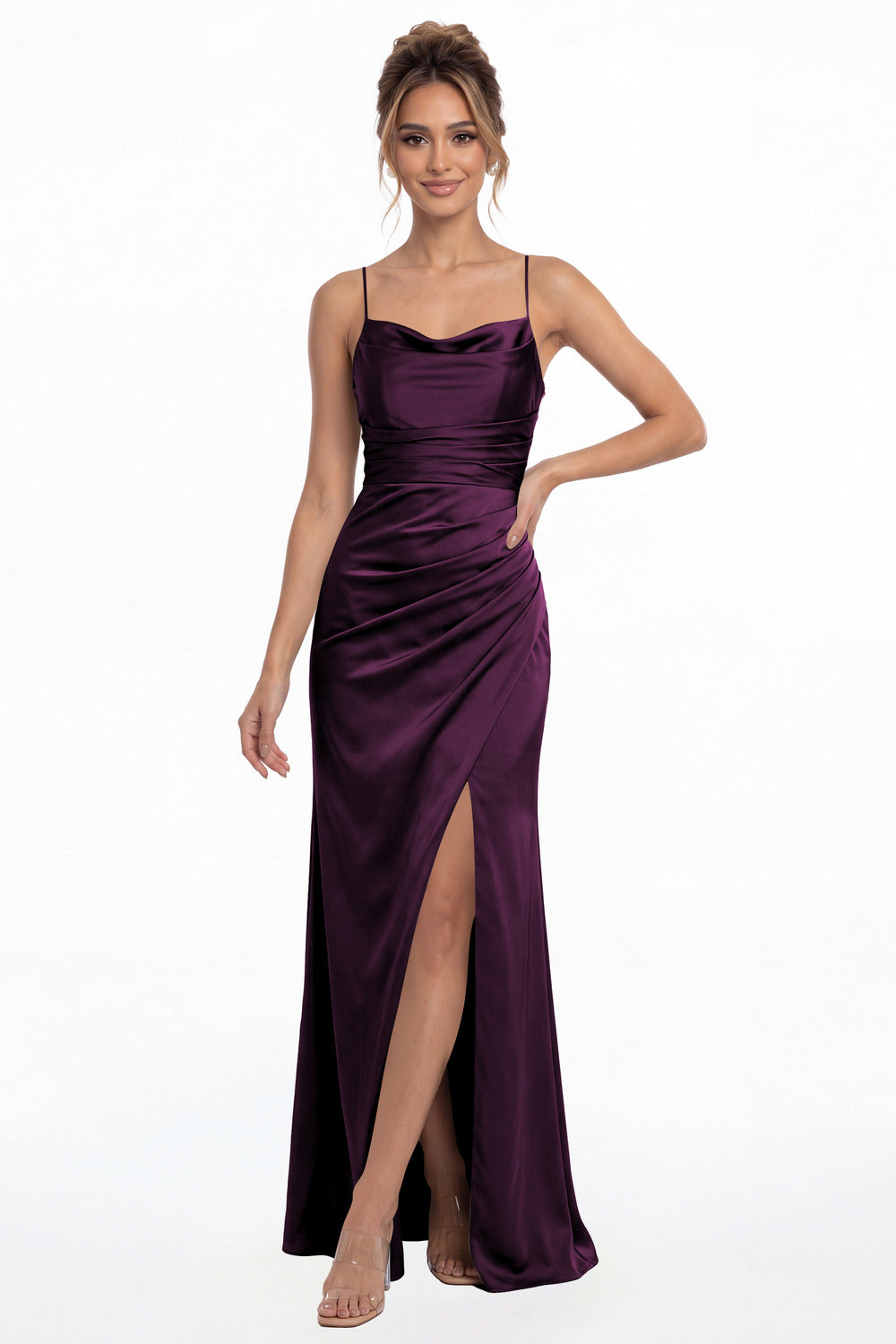 Plum Spaghetti Strap Cowl Neck Satin Slit Maxi Gown - Front View