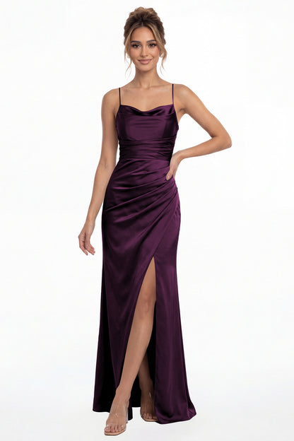 Plum Spaghetti Strap Cowl Neck Satin Slit Maxi Gown - Front View