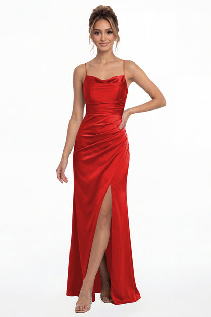 Red Spaghetti Strap Cowl Neck Satin Slit Maxi Gown - Front View