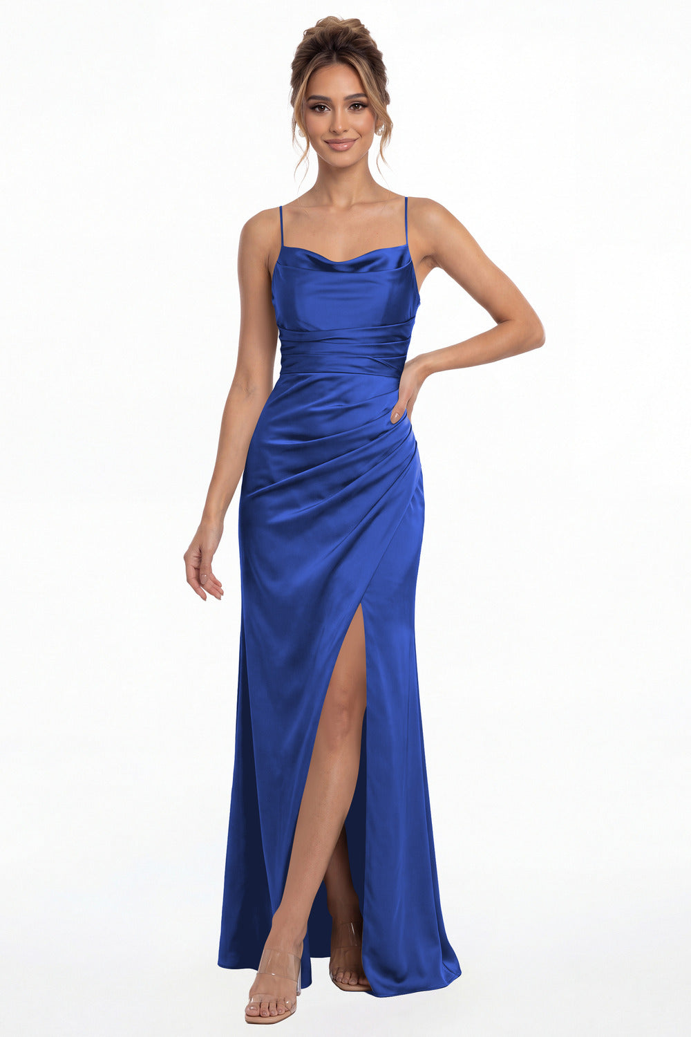 Royal Blue Spaghetti Strap Cowl Neck Satin Slit Maxi Gown - Front View