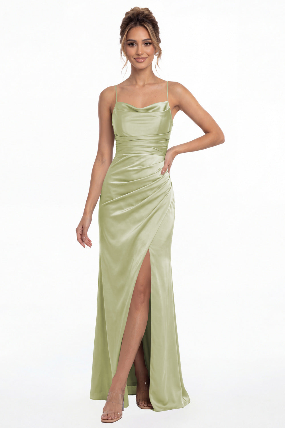 Sage Green Spaghetti Strap Cowl Neck Satin Slit Maxi Gown - Front View