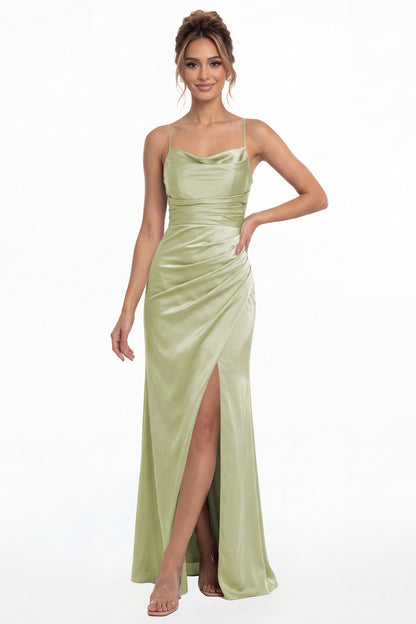 Sage Green Spaghetti Strap Cowl Neck Satin Slit Maxi Gown - Front View