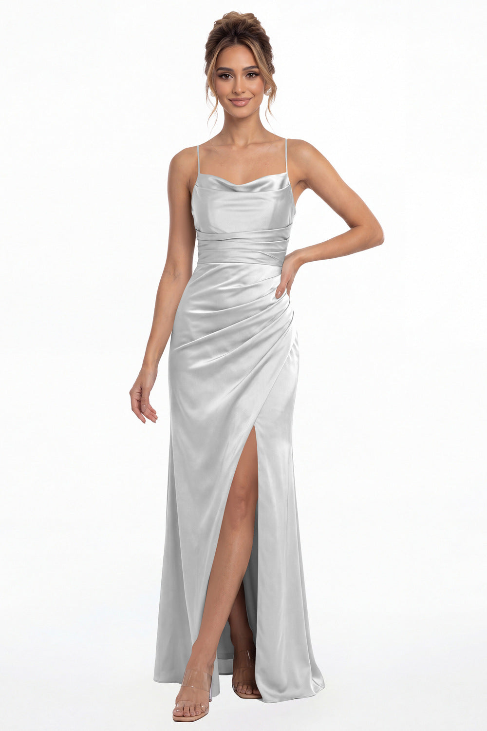 Silver Spaghetti Strap Cowl Neck Satin Slit Maxi Gown - Front View