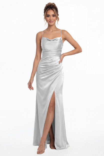 Silver Spaghetti Strap Cowl Neck Satin Slit Maxi Gown - Front View