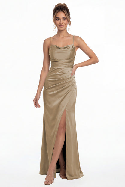 Taupe Spaghetti Strap Cowl Neck Satin Slit Maxi Gown - Front View