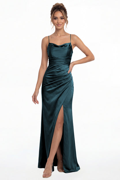 Teal Spaghetti Strap Cowl Neck Satin Slit Maxi Gown - Front View