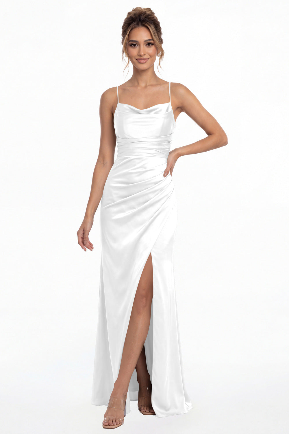 White Spaghetti Strap Cowl Neck Satin Slit Maxi Gown - Front View