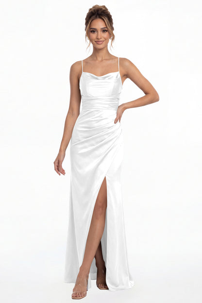 White Spaghetti Strap Cowl Neck Satin Slit Maxi Gown - Front View