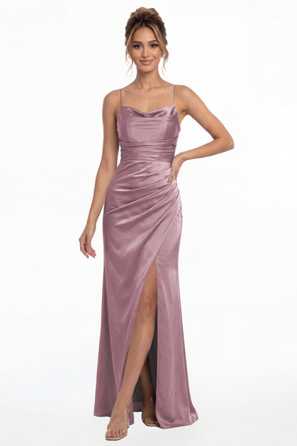 Wisteria Spaghetti Strap Cowl Neck Satin Slit Maxi Gown - Front View