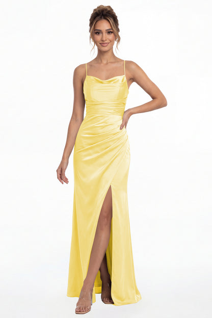 Yellow Spaghetti Strap Cowl Neck Satin Slit Maxi Gown - Front View