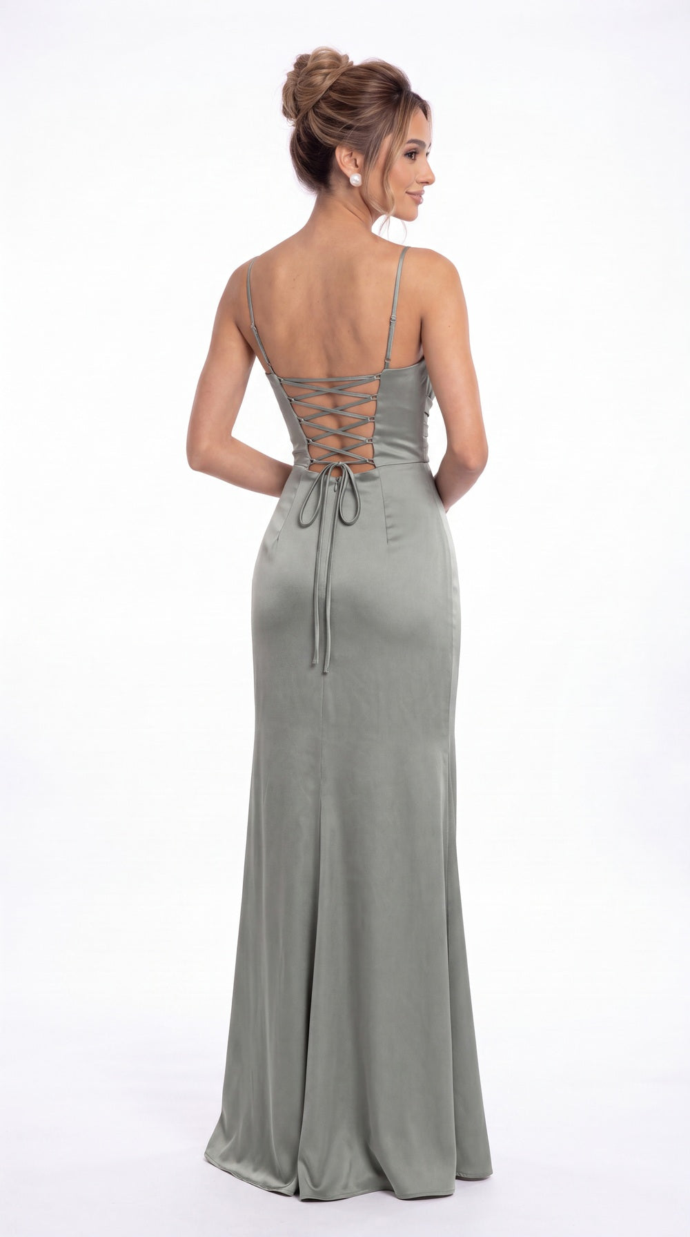 Spaghetti Strap Cowl Neck Satin Slit Maxi Gown - Back View