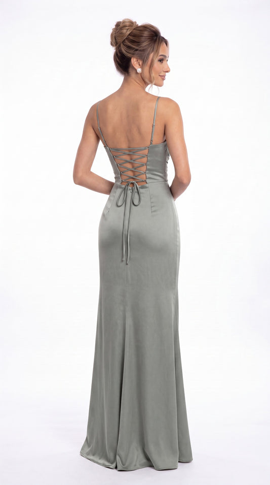 Spaghetti Strap Cowl Neck Satin Slit Maxi Gown - Back View