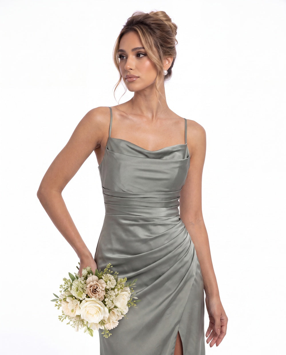 Spaghetti Strap Cowl Neck Satin Slit Maxi Gown - Detail View 2